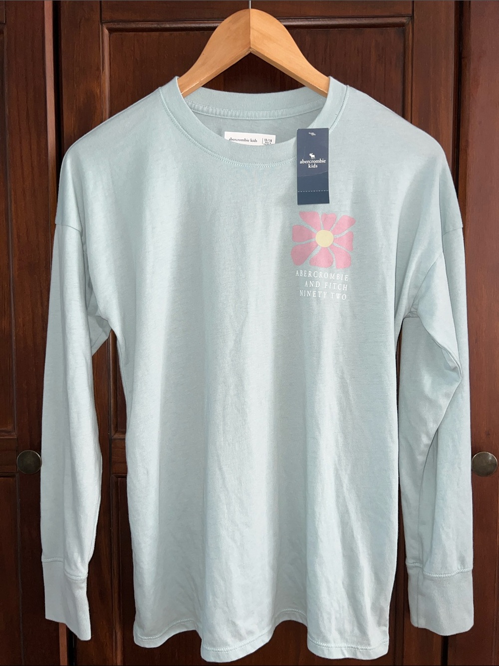 abercrombie kids Preppy Light Aqua Blue Long-Sleeve Tee with Pink Flower Graphic